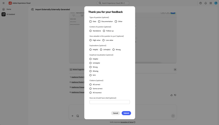 The detailed feedback window for thumbs up.