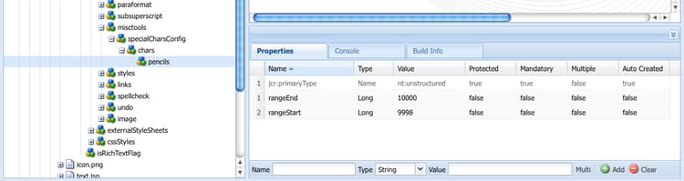 In CRXDE, define a range of characters to be made available in RTE