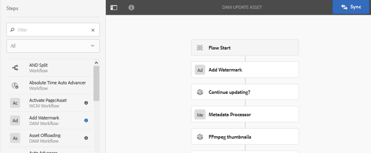 Drag add watermark step in the DAM update asset workflow