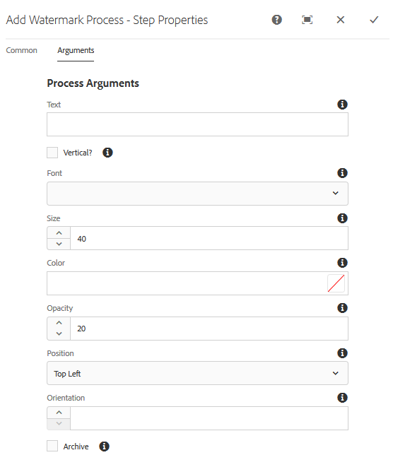 Provide the arguments in the add watermark step in Assets