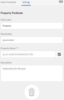 Use the Settings tab to provide the required options of a predicate