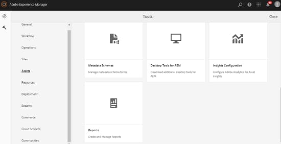 Tools page to navigate assets report