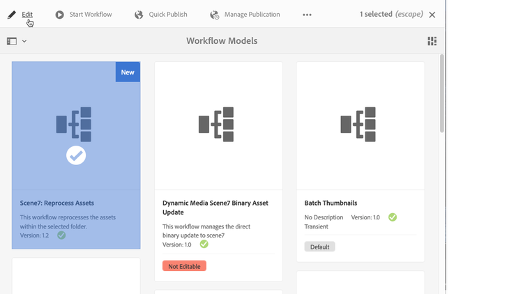 Workflow Models page with Scene7: Reprocess Assets workflow selected in Card View