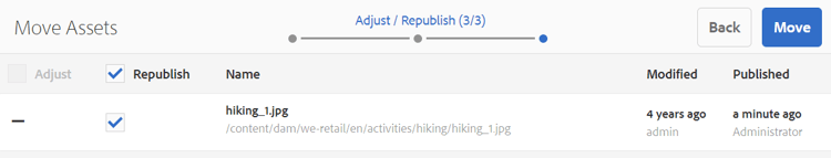 You can republish an already published asset when moving it
