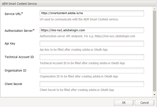 Experience Manager Smart Content Service dialog to provide content service URL