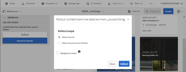 Roll out the modifications of source to the selected live copy