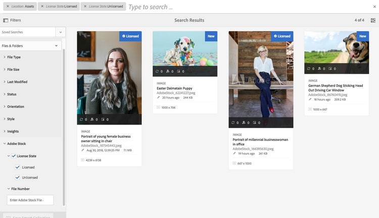 Search filters in Experience Manager and highlighted Adobe Stock assets in search results