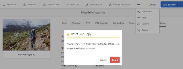 Reset action overwrites local edits and brings the live copy at part with its source