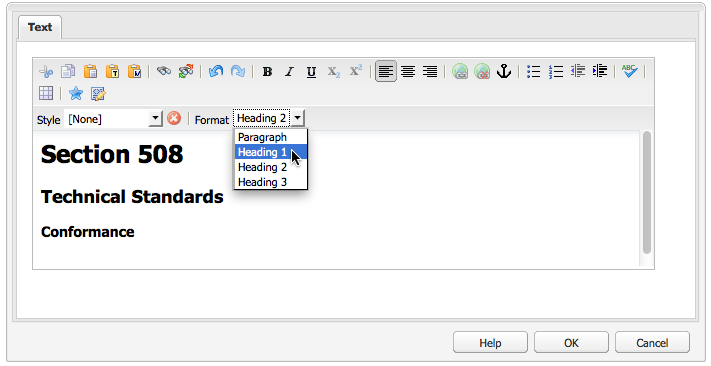 Headings H1 through to H3 shown in the drop down selector (classic UI).