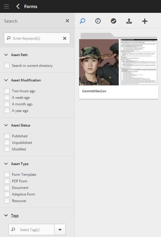 Search field and parameters or filters for AEM form and asset search