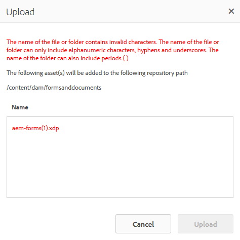 Error message when uploading an XFA form