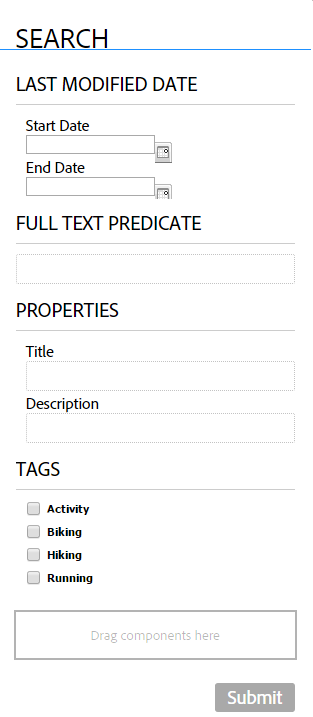 Search Panel with Date, Full Text, Properties, and Tags Predicate