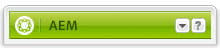 Bar with AEM as the title and an edit mode icon to the right of the title indicated by a down arrow symbol.