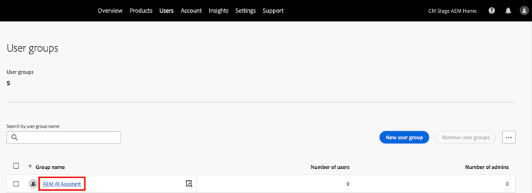 User groups page showing AI Assistant in AEM user group name in the table