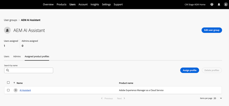The AI Assistant product profile shown assigned to the AI Assistant in AEM user group