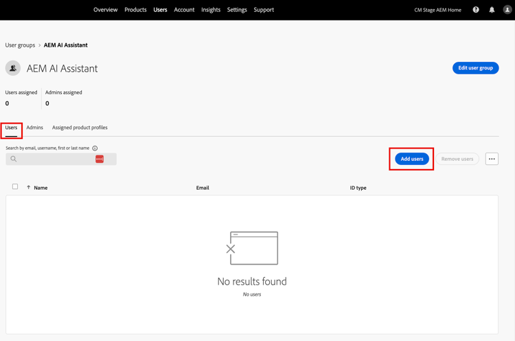The AI Assistant in AEM user groups page, showing the Users tab and the Add users buttion