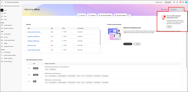 Preset drop-down list showing Content Author selected