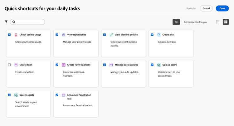 Experience Hub Quick Shortcuts