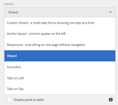 List of panel layouts for root panel of an adaptive form