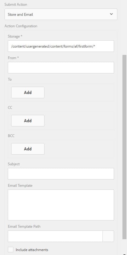 Submit action configuration dialog