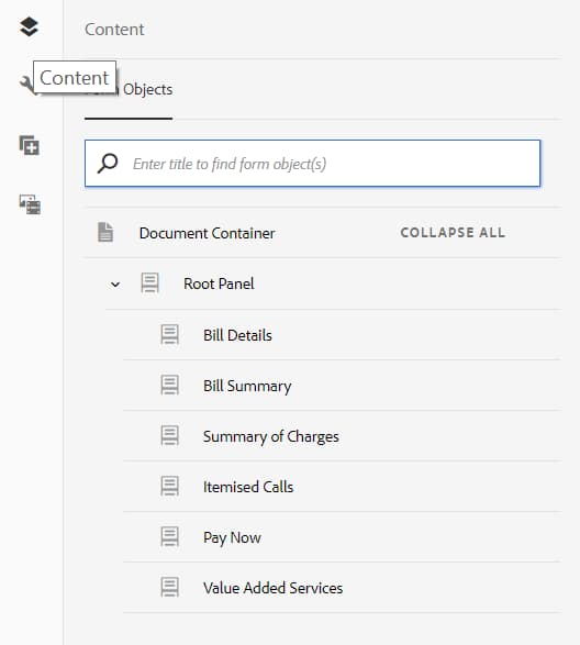 Content tree for all panels