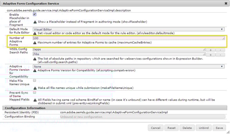 Configuration dialog for adaptive forms HTML cache
