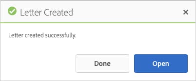 Alert message: letter created successfully