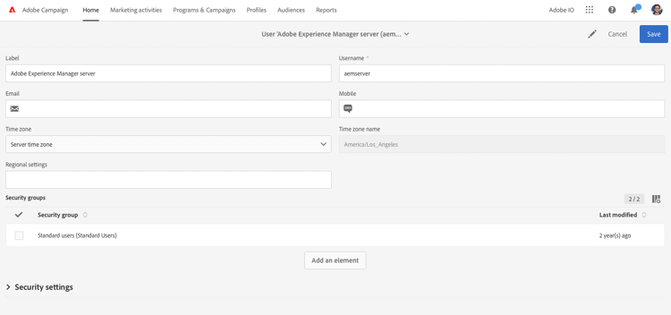 aemserver user in Adobe Campaign
