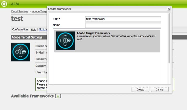 Create Framework dialog