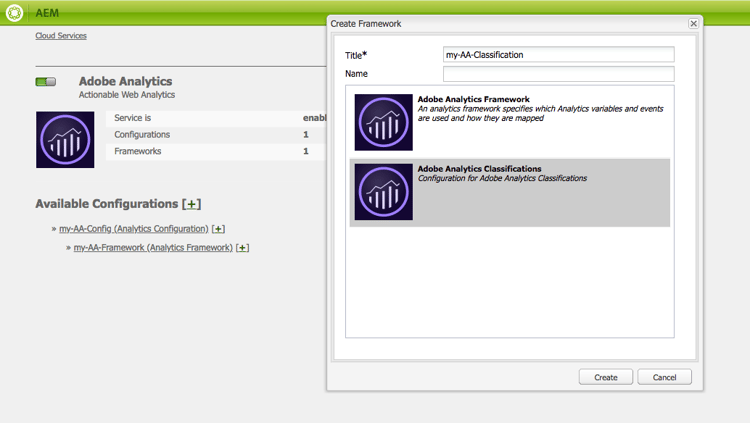 Create Framework dialog