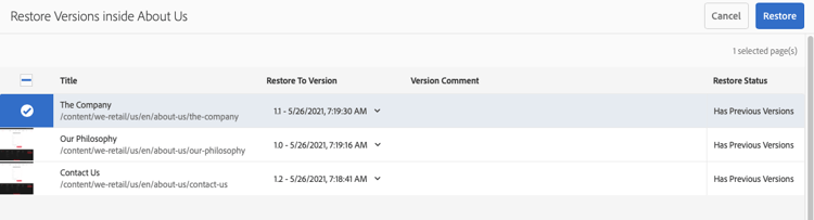 Restore Version - Select Page