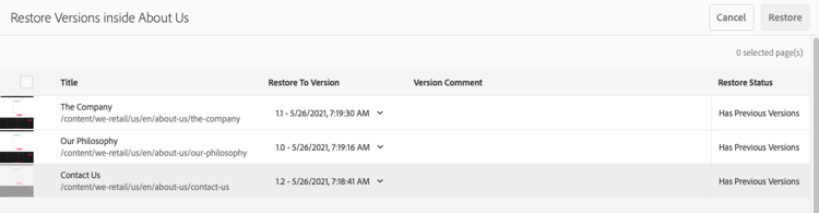 Restore Version - List of all pages in folder