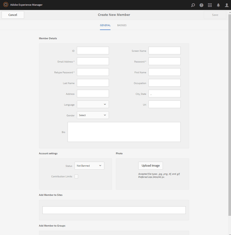 The Create New Member window