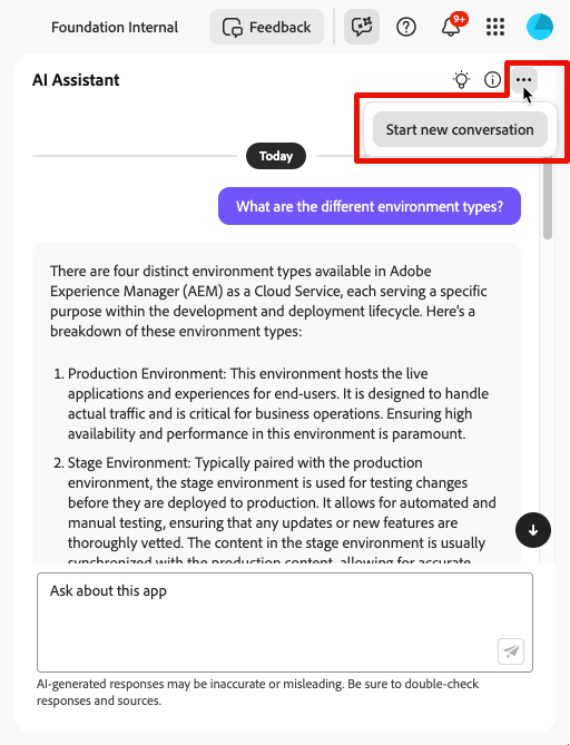 Start a new conversation in AI Assistant from the ellipsis icon