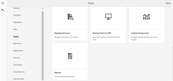 Tools page to navigate assets report