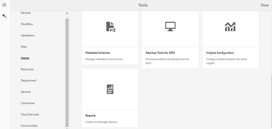 Tools page to navigate assets report