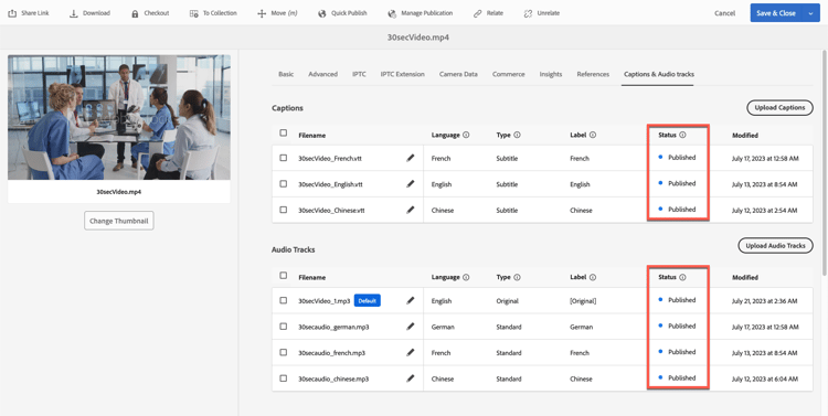 Status column highlighted for Captions and Audio Tracks fields.