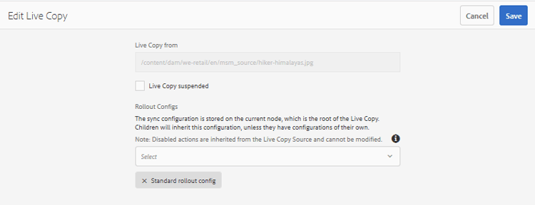 For a specific live copy, the option to suspend relationship or change rollout configuration is accessible from References rail when source asset is selected