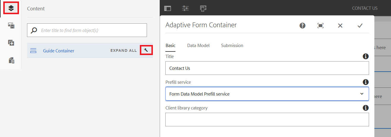 Click the Wrench icon to open Adaptive Form Container dialog box to configure a redirect page or thank you message