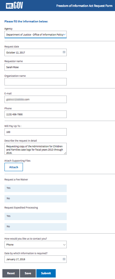 Requesting copy of the Administration for Children and Families case logs for fiscal years 2013 through 2016