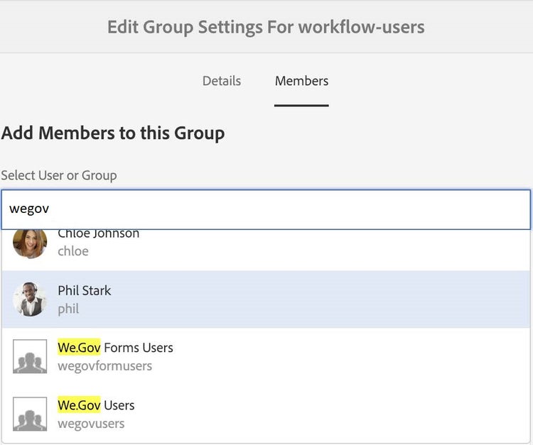 Editing group settings for workflow users