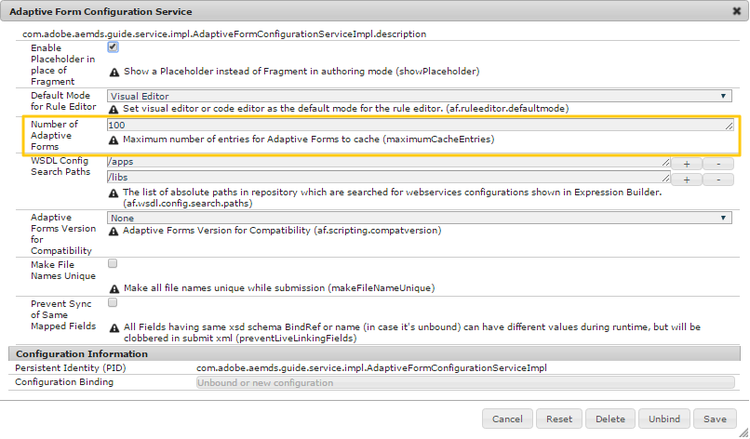 Configuration dialog for adaptive forms HTML cache