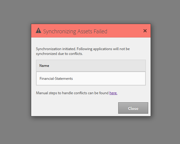 Conflicts in asset synchronization dialog box