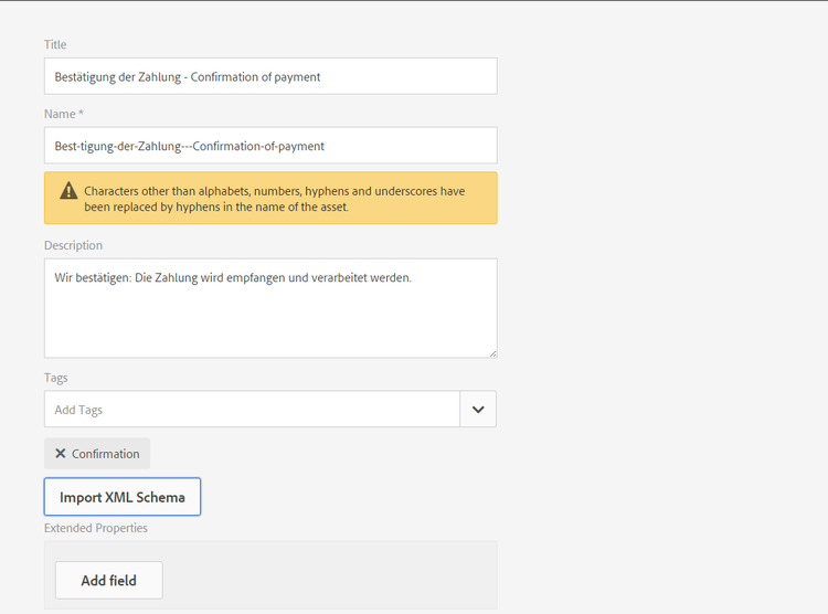 Data dictionary properties specified in German