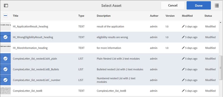 Select assets to add to the list