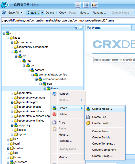 Create node in CRX