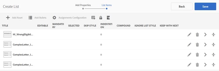 Reorder and configure assets in a list