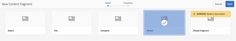 Create Content Fragment - select Model
