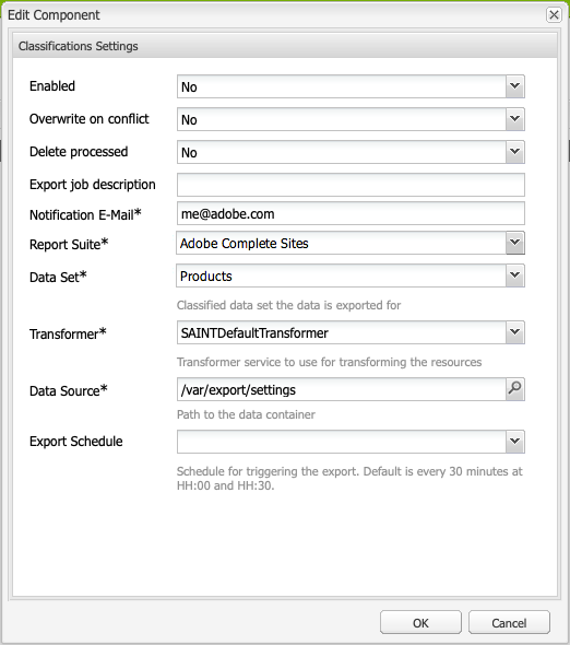 Classifications Settings dialog