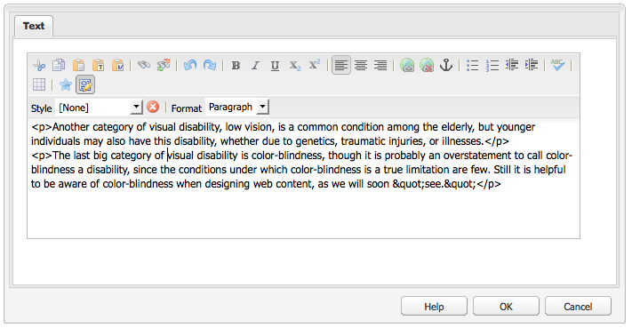 An example of the Paragraph element shown in source edit mode (classic UI).